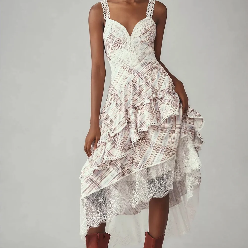 Anthropologie The Bobbi Plaid Lace-Trim Ruffle Midi Dress in White & Brown Large - Picture 1 of 7
